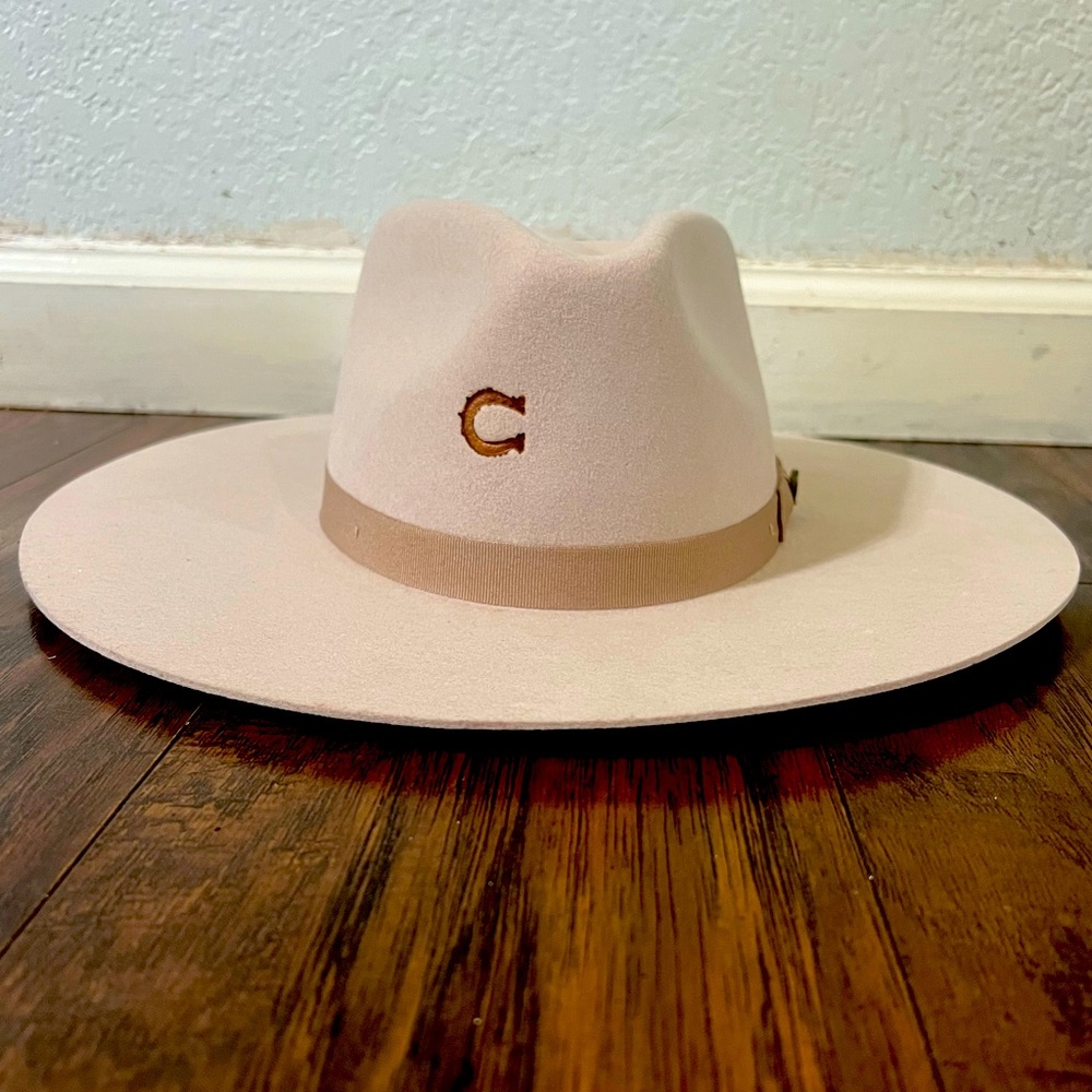 CHARLIE B Wide Brim Light Pink Fedora with Tan Band